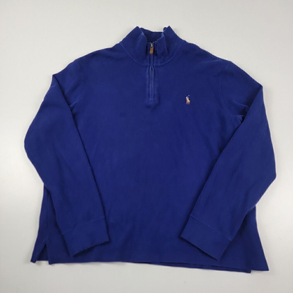 Polo‎ Ralph Lauren Estate Rib Quarter Zip Pullover Sweater Blue Large White Pony